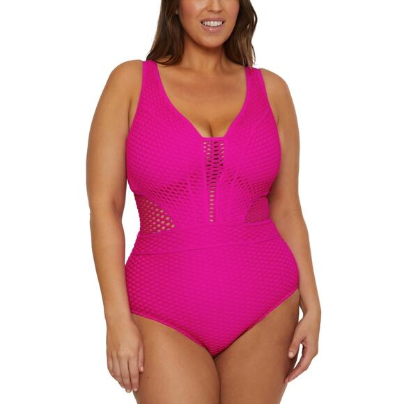 Becca ETC Plus Size Castaway Textured One-Piece Swimsuit Pink Size XL 0834 - Picture 1 of 3